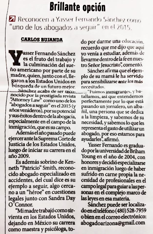 Prensa Hispana for Yasser Sanchez, Esq.